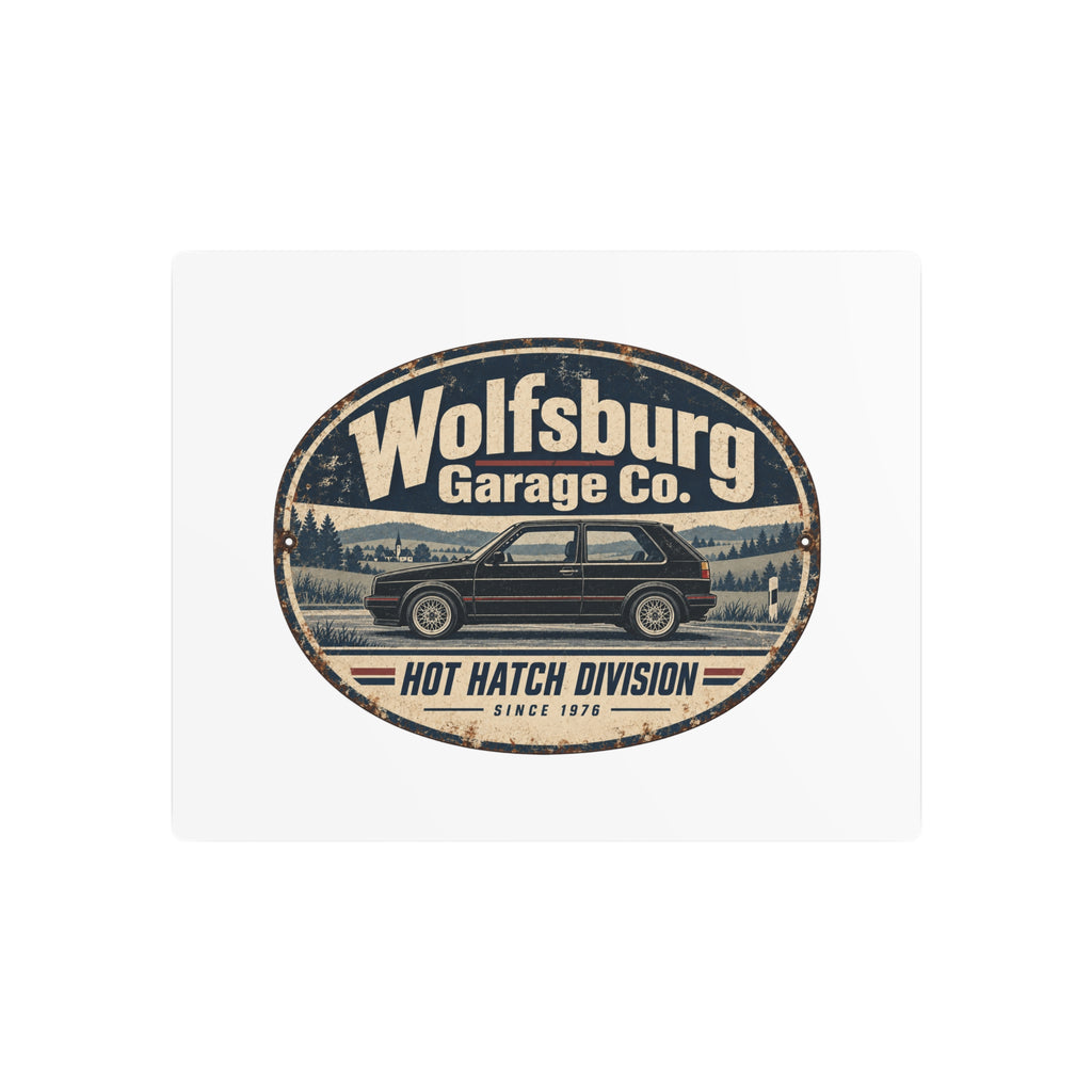 Wolfsburg Garage Co. vintage metal sign with classic German hot hatch artwork
