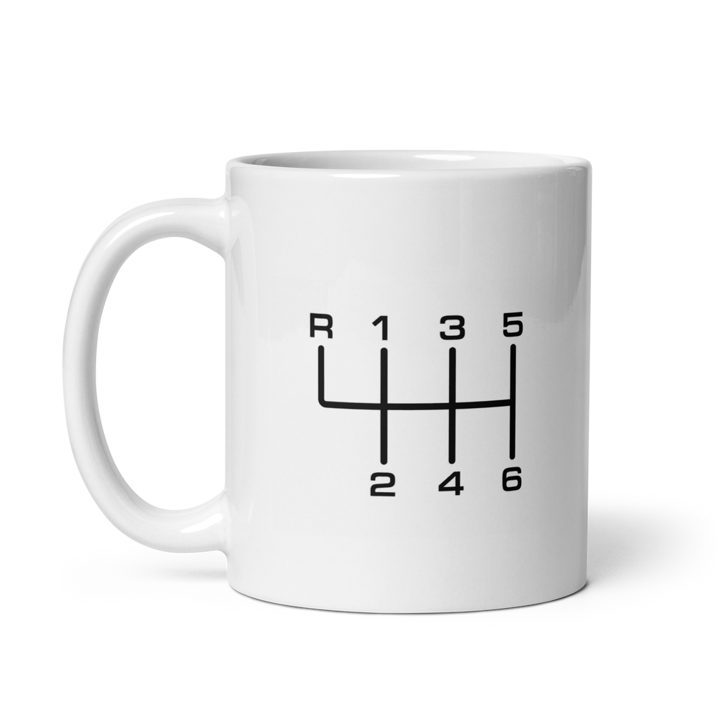 11 oz white ceramic mug with black 6-speed manual transmission shift pattern
