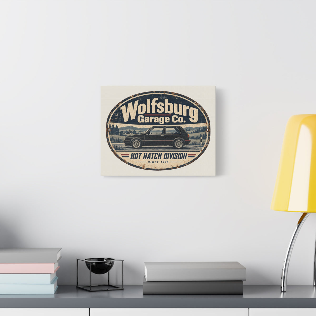 Vintage German hot hatch canvas wall art displayed in a light contemporary interior