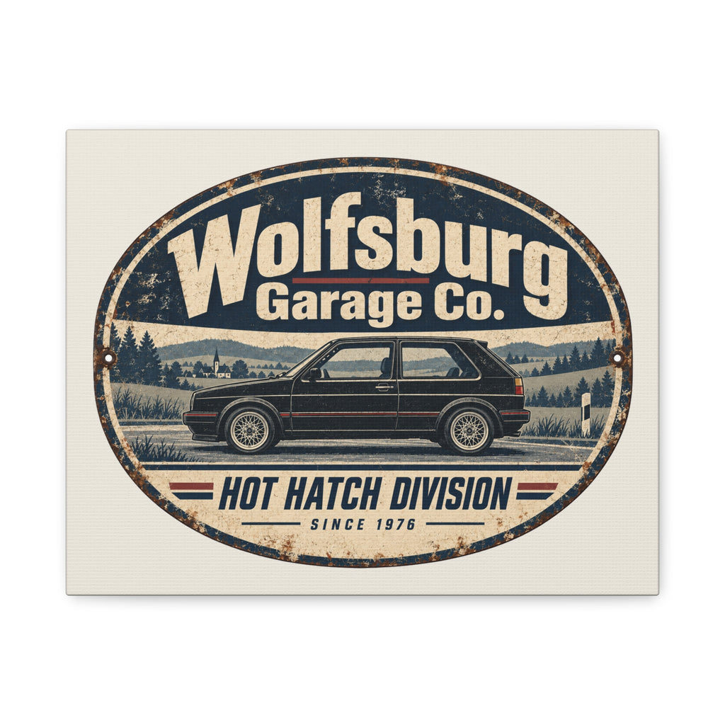 Wolfsburg Garage Co vintage hot hatch canvas wall art, front view of distressed automotive artwork on cream canvas
