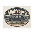 Wolfsburg Garage Co vintage hot hatch canvas wall art, front view of distressed automotive artwork on cream canvas