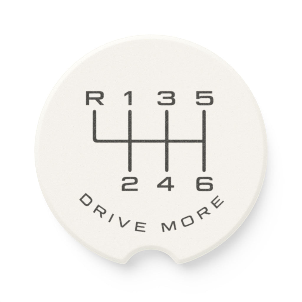 Soapstone car coaster with 6-speed manual shift pattern and Drive More design