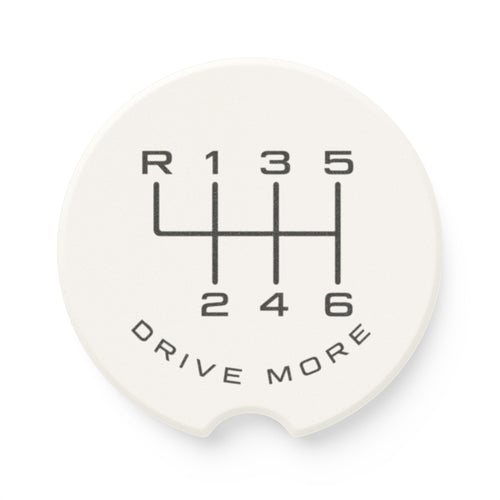 Soapstone car coaster with 6-speed manual shift pattern and Drive More design