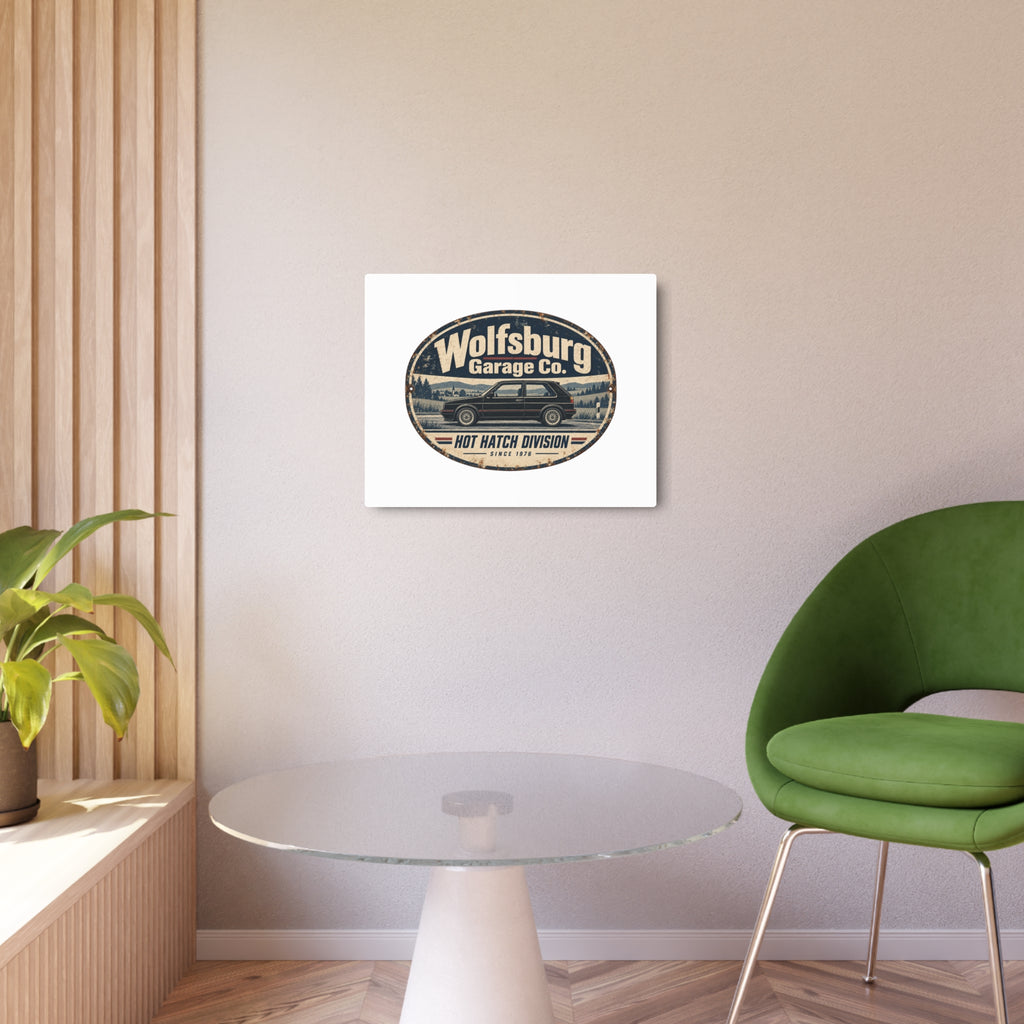 Vintage German hot hatch metal wall sign shown in a home decor setting