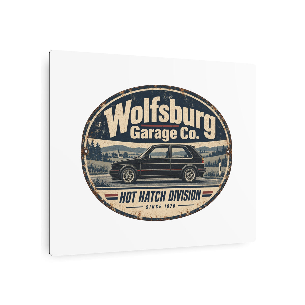 Side view showing the thin aluminum construction of the Wolfsburg Garage Co. sign