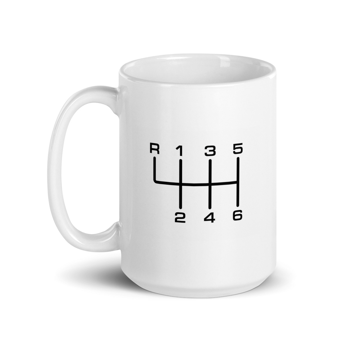 15 oz white ceramic mug with black 6-speed manual transmission shift pattern