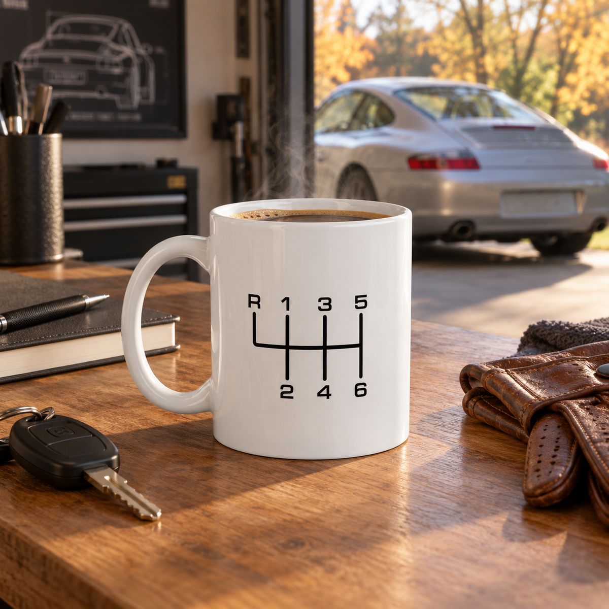 White manual transmission shift pattern mug on a garage workbench with a silver Porsche 911 in the background