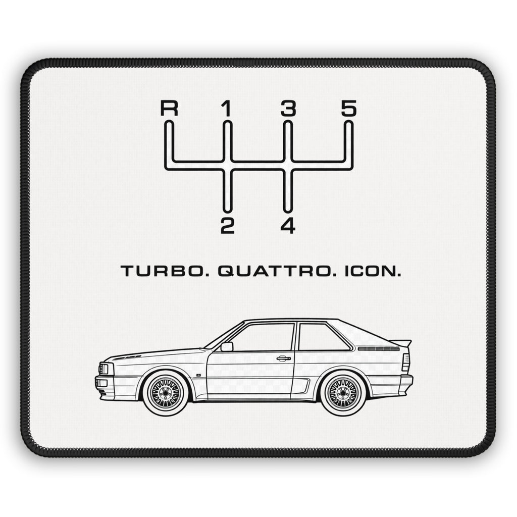 Turbo Quattro Icon 9 x 7 inch mouse pad with five-speed shift pattern, classic rally coupe line drawing, and black stitched border