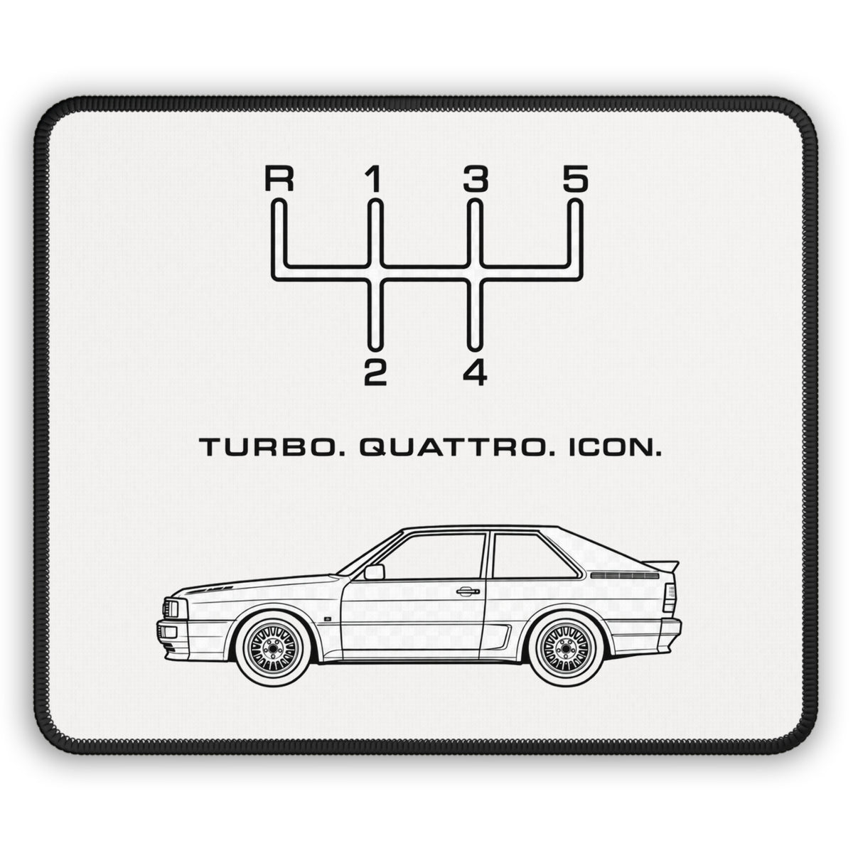 Turbo Quattro Icon 9 x 7 inch mouse pad with five-speed shift pattern, classic rally coupe line drawing, and black stitched border