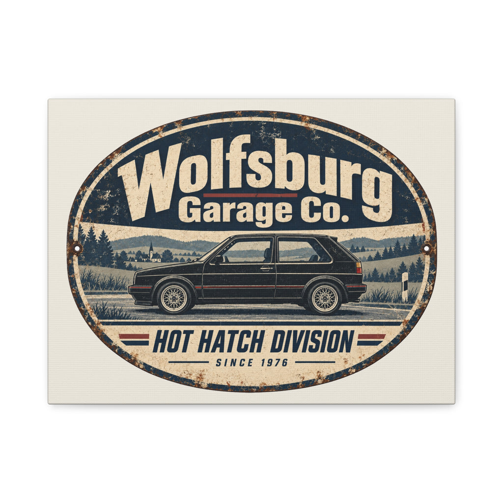 Vintage German hot hatch canvas wall art displayed in a light contemporary interior