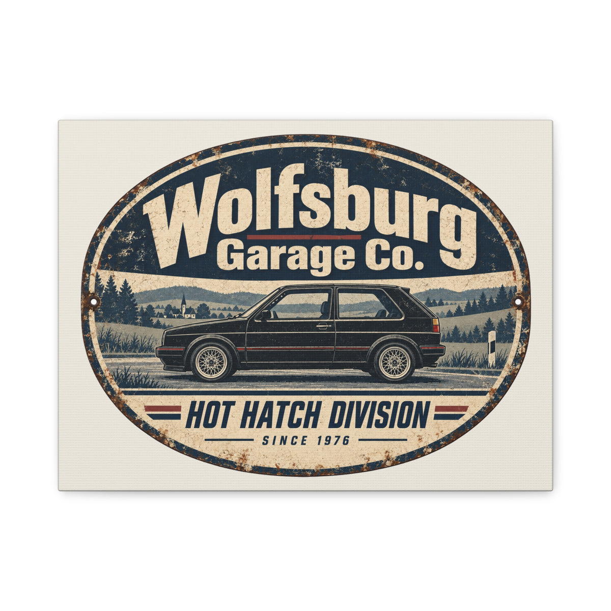 Vintage German hot hatch canvas wall art displayed in a light contemporary interior