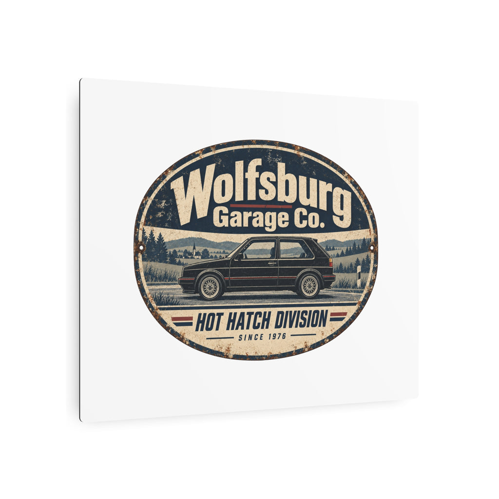Angled view of Wolfsburg Garage Co. vintage automotive metal sign