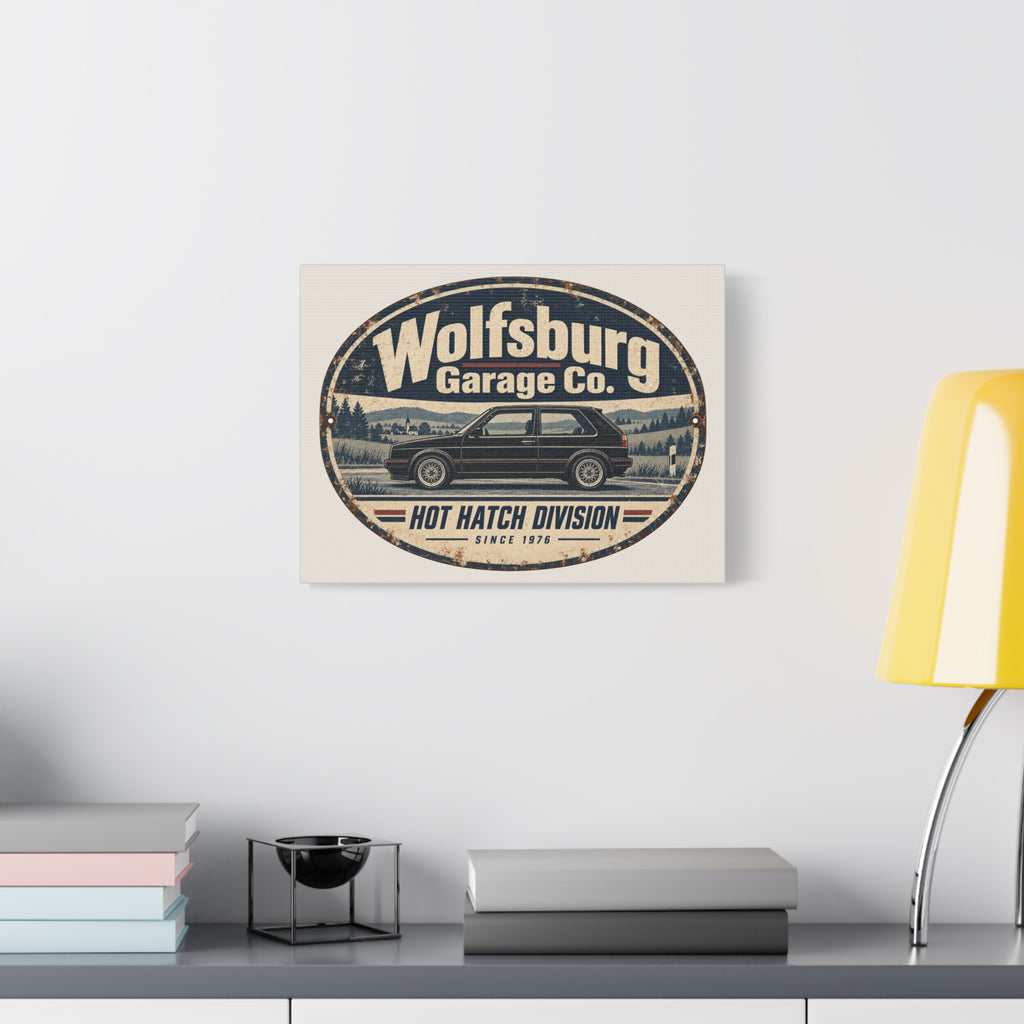 Wolfsburg Garage Co vintage automotive canvas displayed in a bright modern room