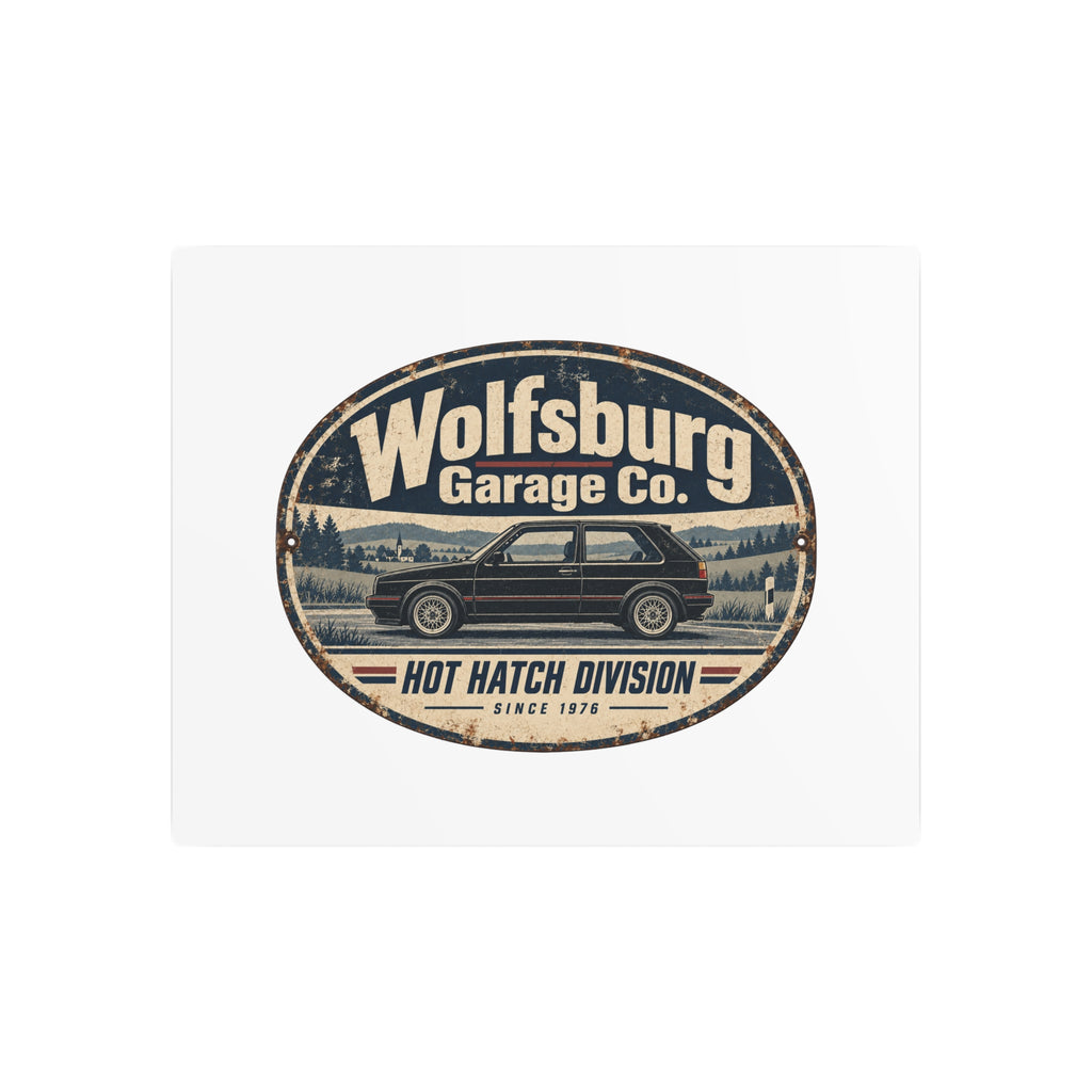 Front view of Wolfsburg Garage Co. aluminum metal wall sign