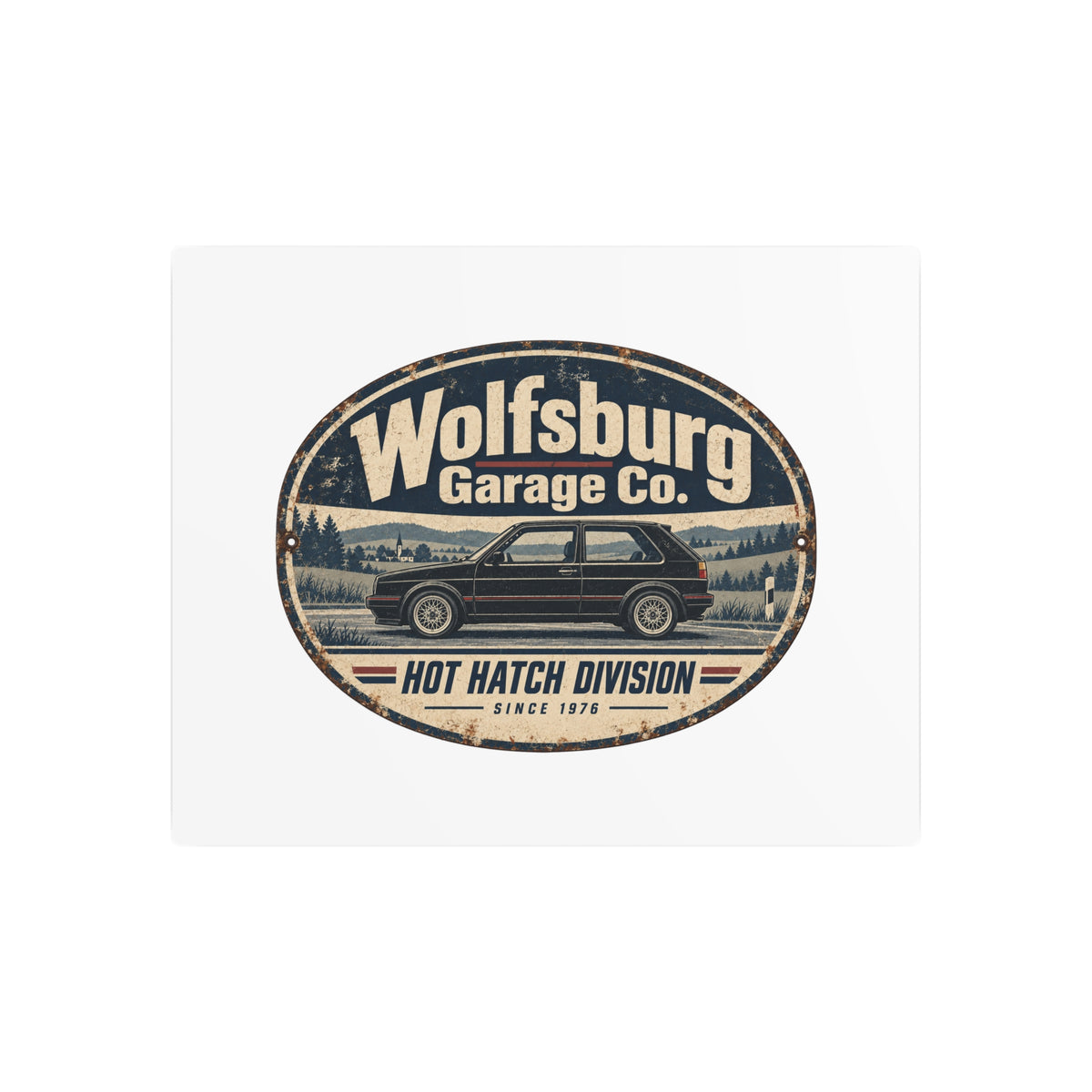 Front view of Wolfsburg Garage Co. aluminum metal wall sign