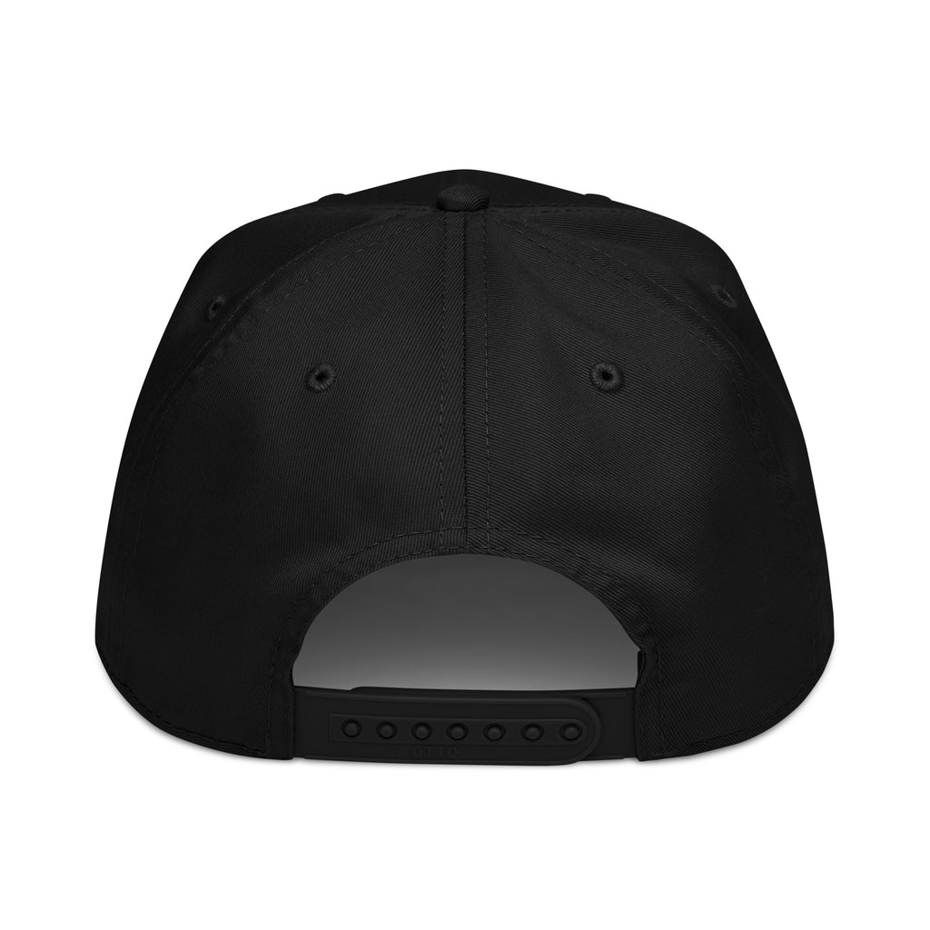 Rear view of black adjustable snapback 5-panel hat