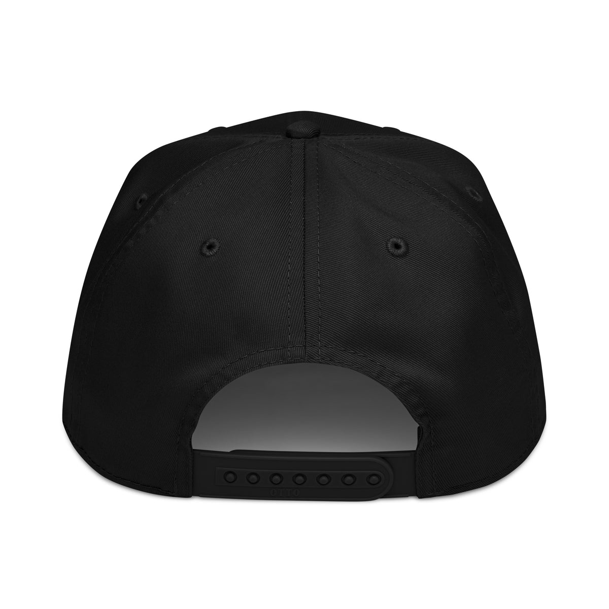 Rear view of black adjustable snapback 5-panel hat