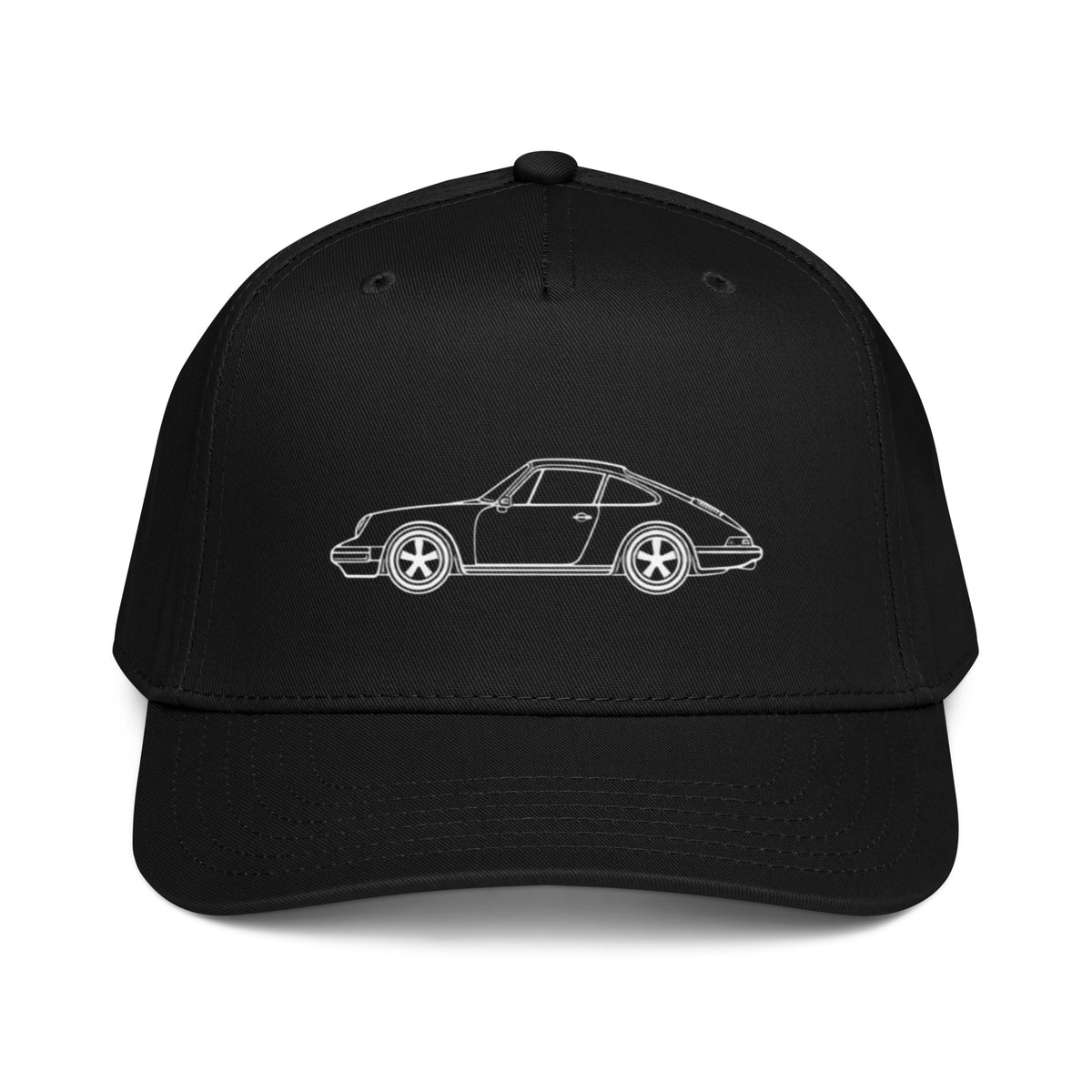 Black 911 silhouette 5-panel hat with DTF printed front graphic
