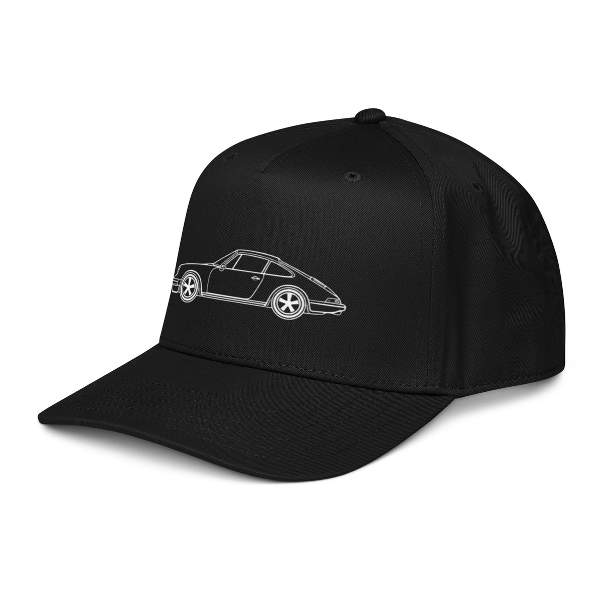 Black adjustable 5-panel car enthusiast hat with 911 silhouette design