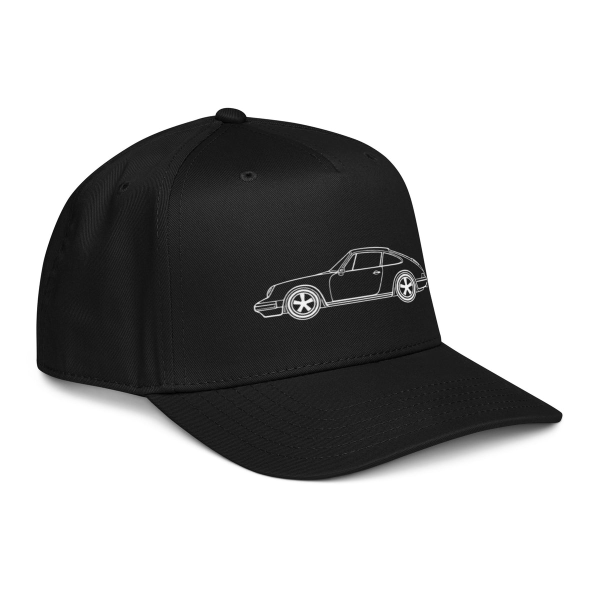 Black adjustable 5-panel car enthusiast hat with 911 silhouette design