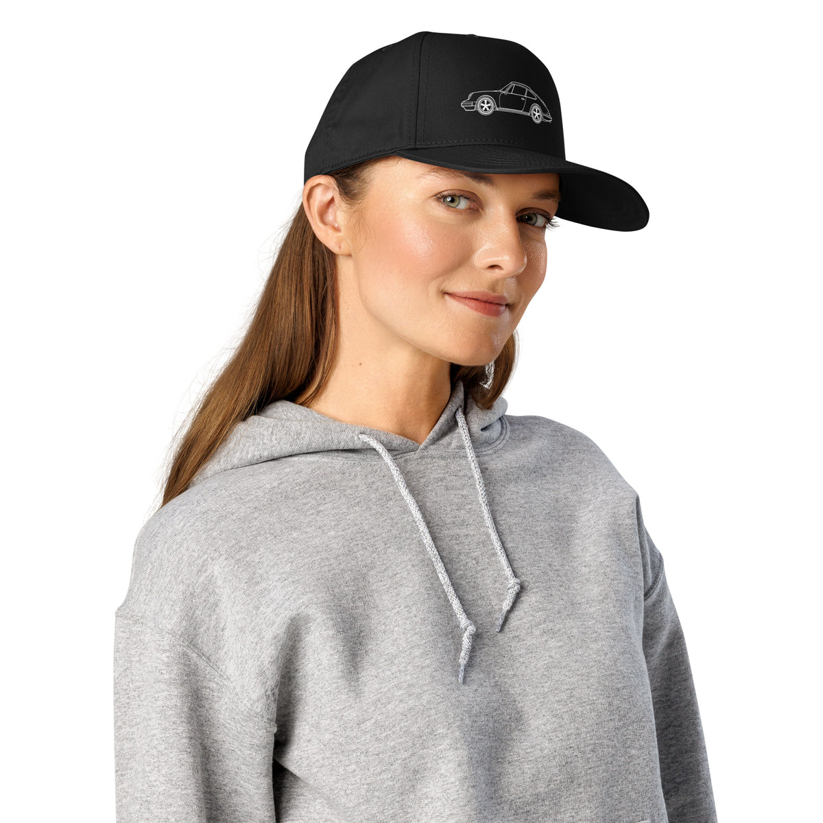 Woman wearing black minimalist 911 car enthusiast hat