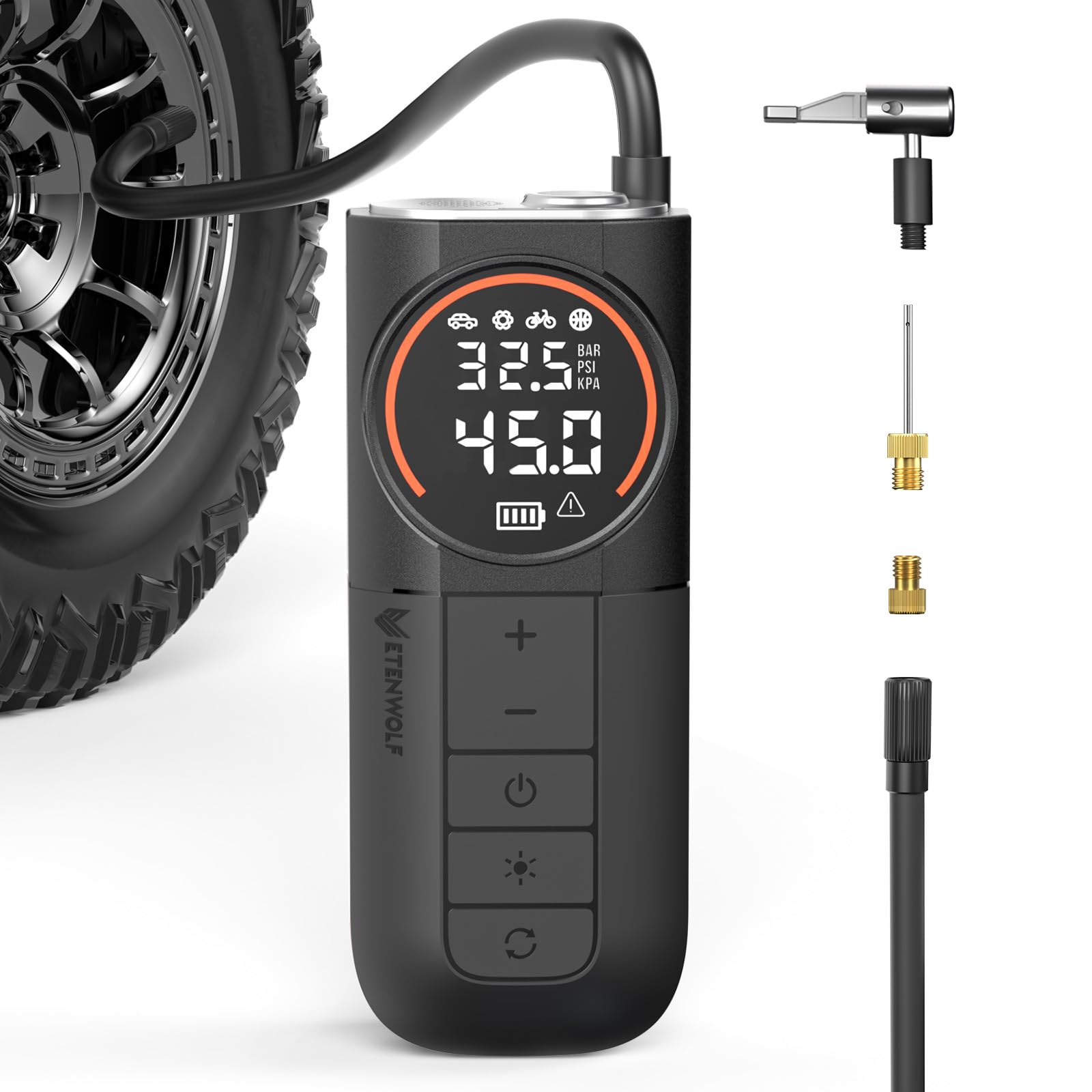 ETENWOLF S1 Tire Inflator Portable Air Compressor, 160PSI Air Pump for Car Tires, Bike, Motorcycle, Balls, Fast Inflation Tire Pump, Cordless bike Pump with LED Light & Digital Pressure Gauge (Orange)