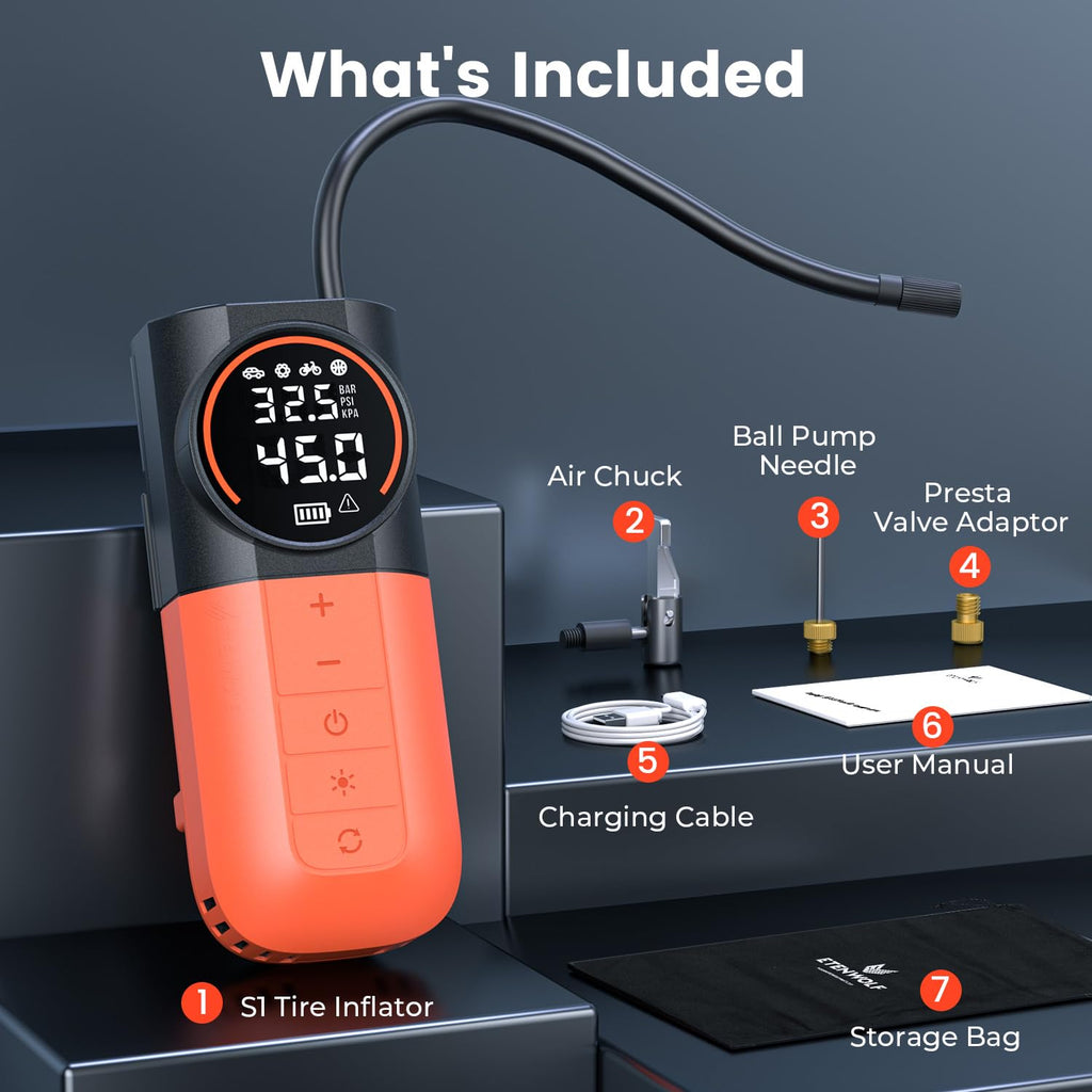 ETENWOLF S1 Tire Inflator Portable Air Compressor, 160PSI Air Pump for Car Tires, Bike, Motorcycle, Balls, Fast Inflation Tire Pump, Cordless bike Pump with LED Light & Digital Pressure Gauge (Orange)