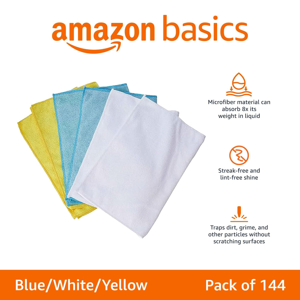 Amazon Basics Microfiber Cleaning Cloths, Ultra Absorbent, Lint Free, Streak Free, Non-Abrasive, Reusable and Washable, 16" x 12", Blue/White/Yellow, Pack of 24