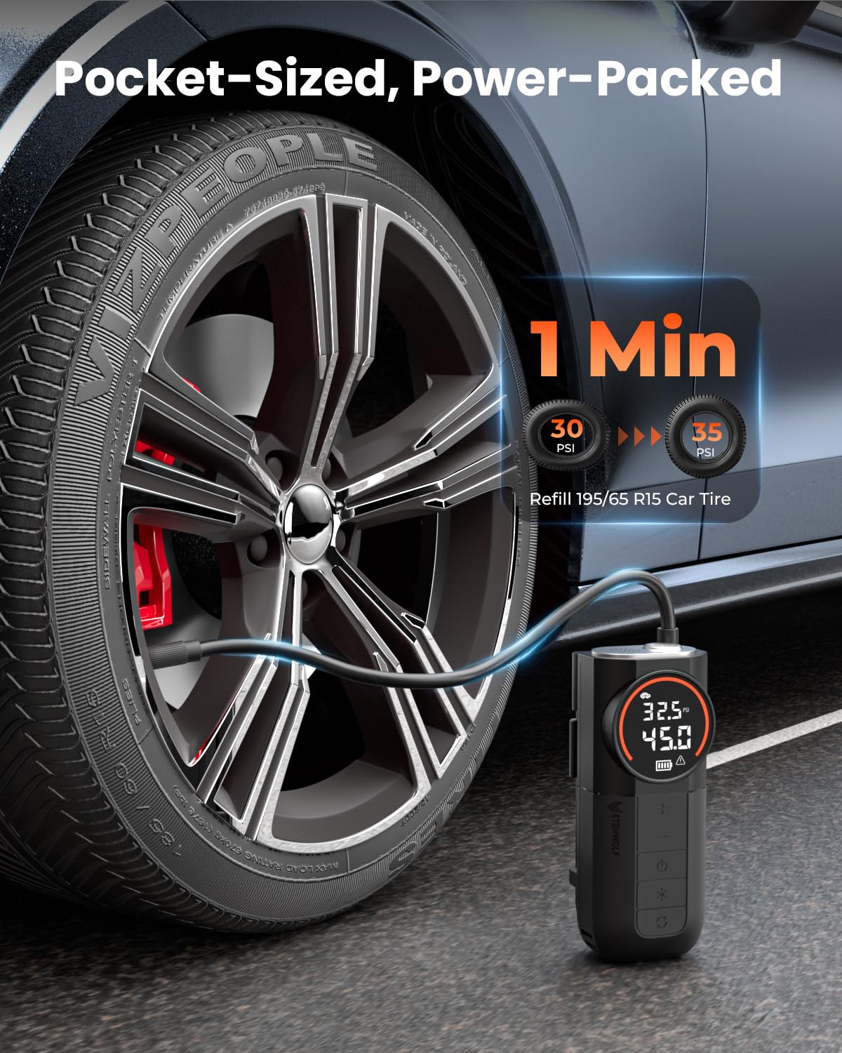 ETENWOLF S1 Tire Inflator Portable Air Compressor, 160PSI Air Pump for Car Tires, Bike, Motorcycle, Balls, Fast Inflation Tire Pump, Cordless bike Pump with LED Light & Digital Pressure Gauge (Orange)