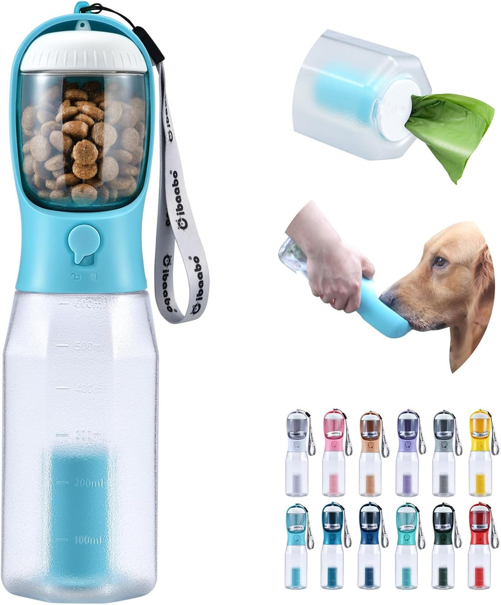 Cibaabo 3-in-1 dog travel water bottle, 20oz, Blue variant