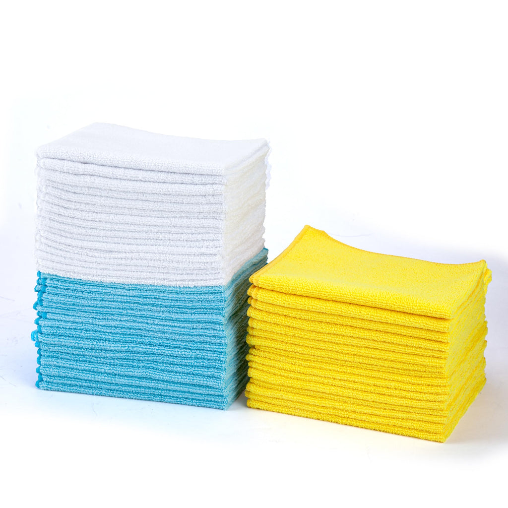 Amazon Basics Microfiber Cleaning Cloths, Ultra Absorbent, Lint Free, Streak Free, Non-Abrasive, Reusable and Washable, 16" x 12", Blue/White/Yellow, Pack of 24