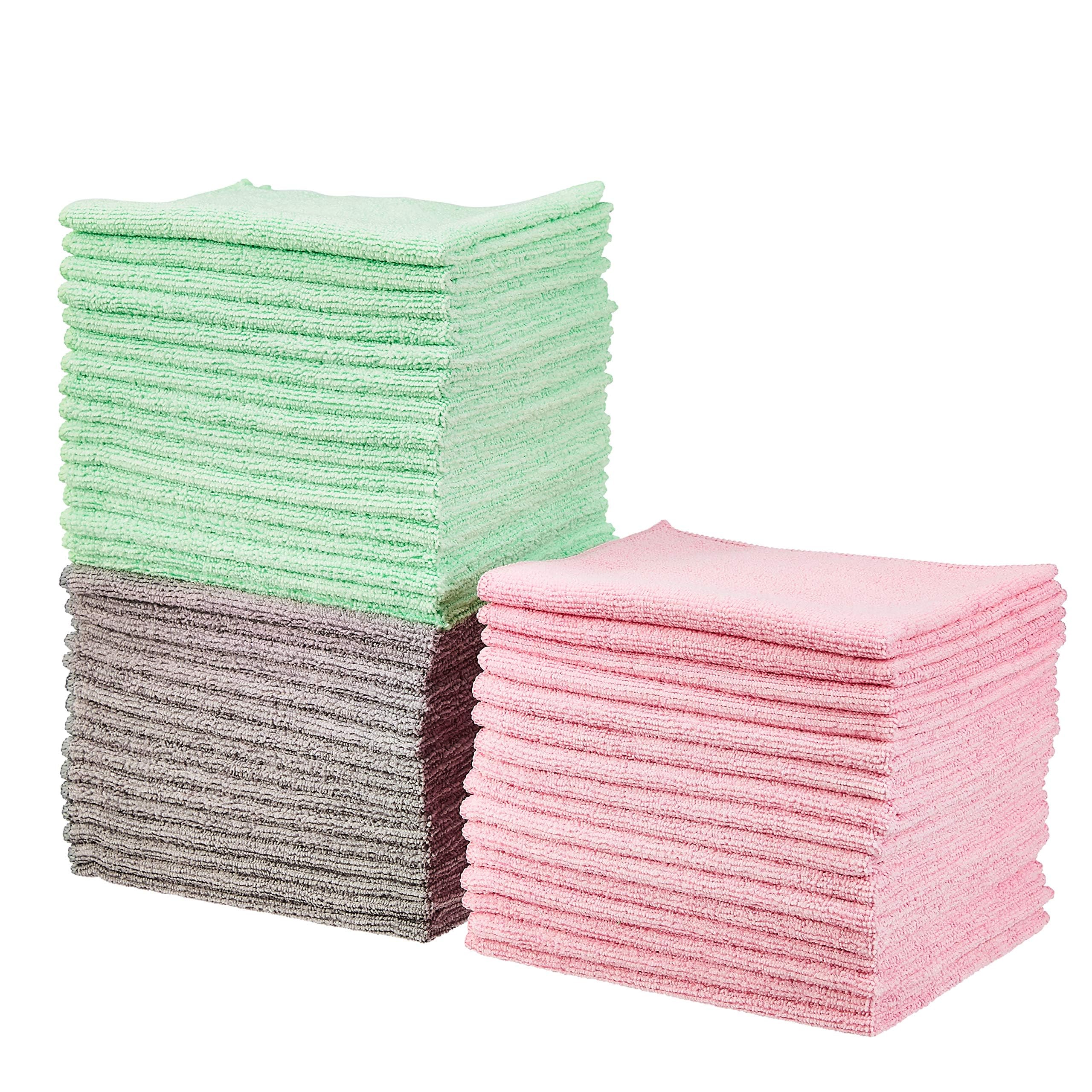 Amazon Basics Microfiber Cleaning Cloths, Ultra Absorbent, Lint Free, Streak Free, Non-Abrasive, Reusable and Washable, 16" x 12", Blue/White/Yellow, Pack of 24