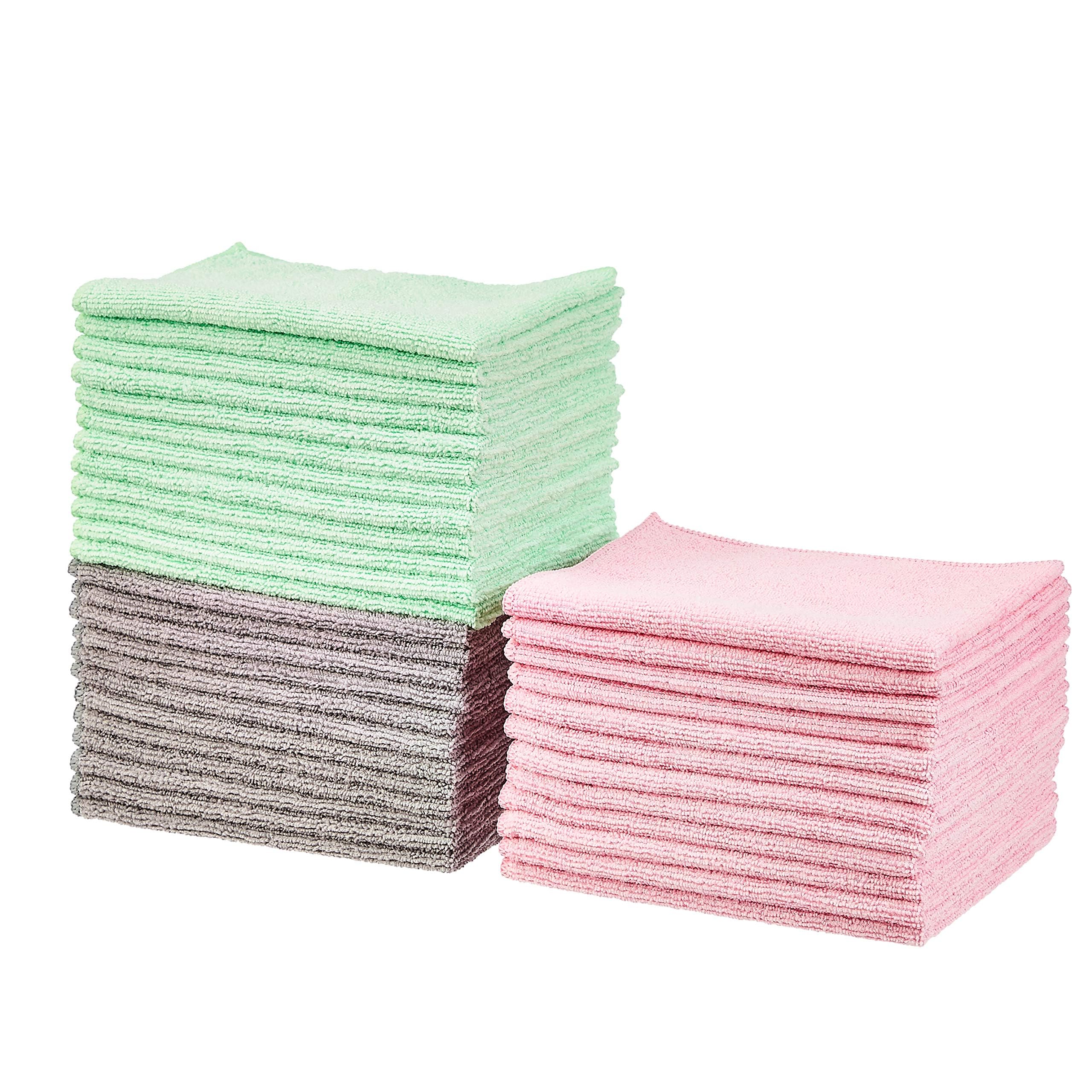 Amazon Basics Microfiber Cleaning Cloths, Ultra Absorbent, Lint Free, Streak Free, Non-Abrasive, Reusable and Washable, 16" x 12", Blue/White/Yellow, Pack of 24