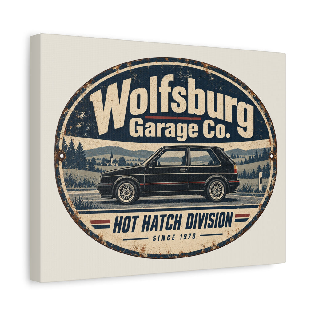 Angled view of Wolfsburg Garage Co stretched canvas showing its 1.25-inch depth and cream sides