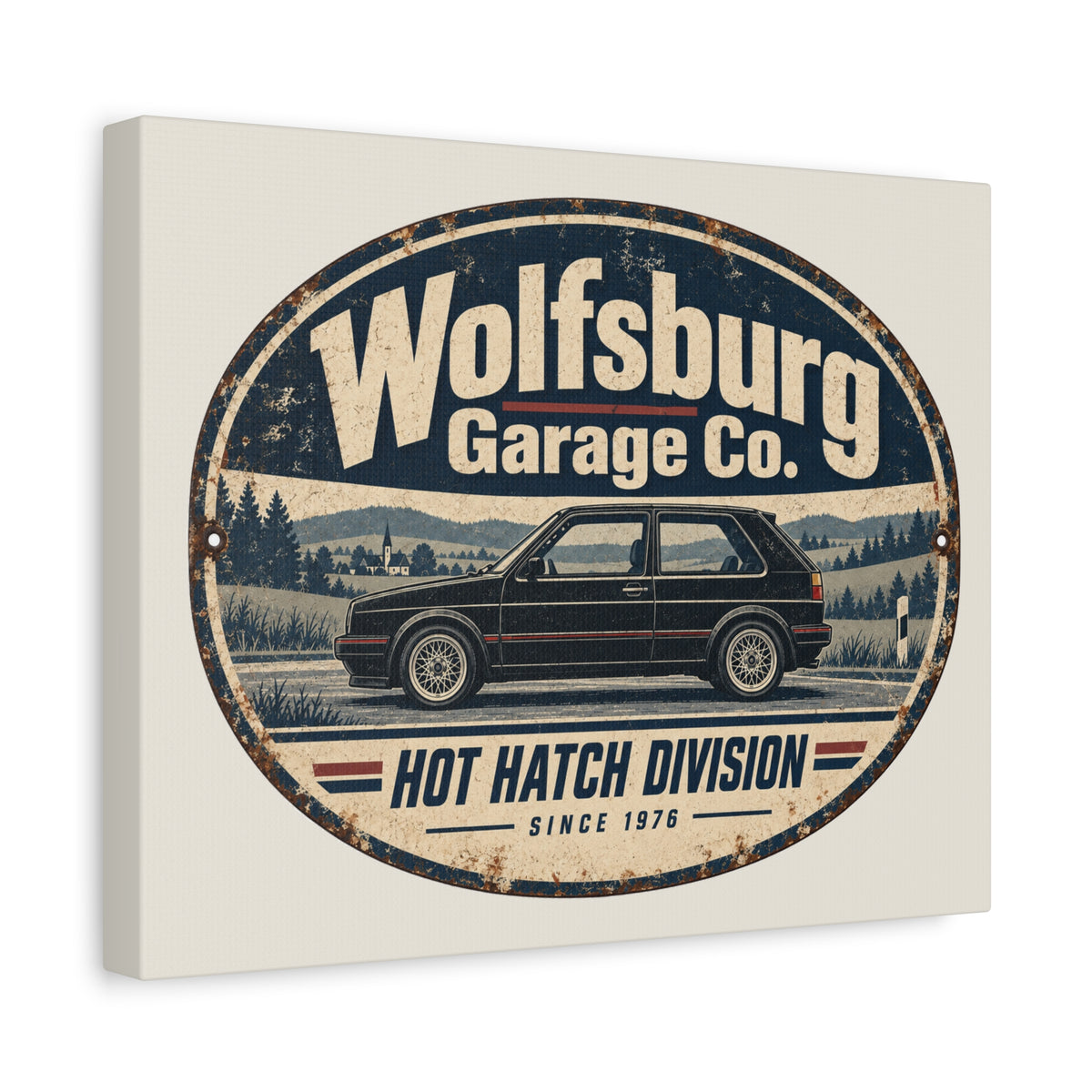 Angled view of Wolfsburg Garage Co stretched canvas showing its 1.25-inch depth and cream sides