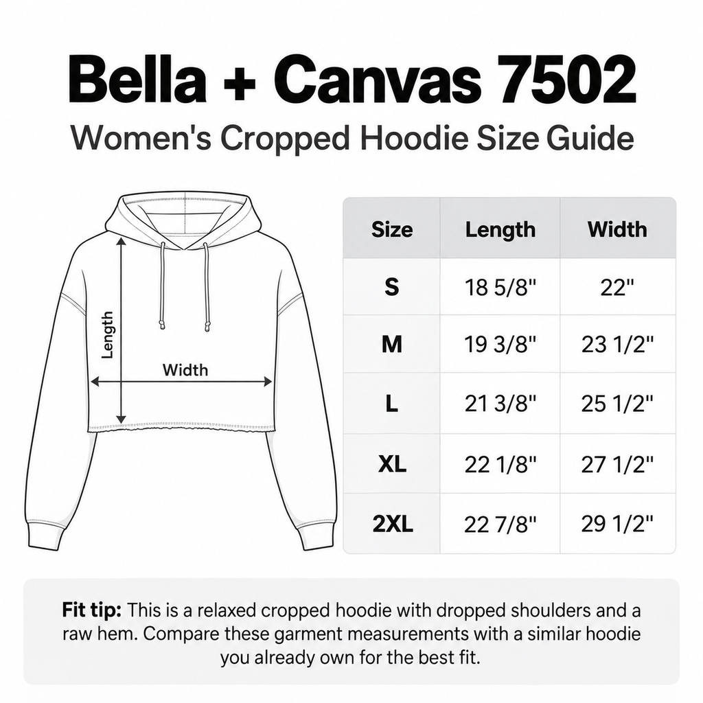 Bella + Canvas 7502 women's cropped hoodie size chart with garment measurements for sizes S through XL.