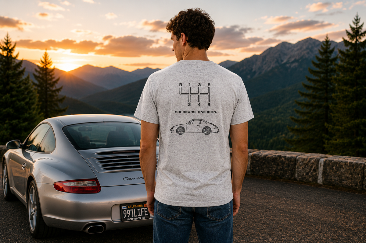 Classic 911 Six Gears One Icon T-shirt lifestyle mockup in heather gray