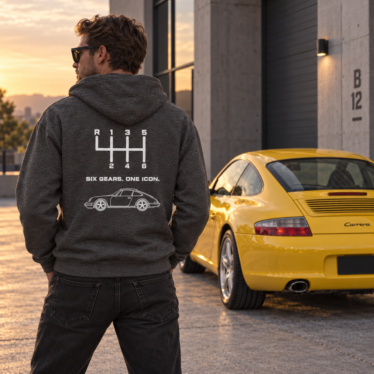 Lifestyle photograph for the Six Gears One Icon manual transmission hoodie