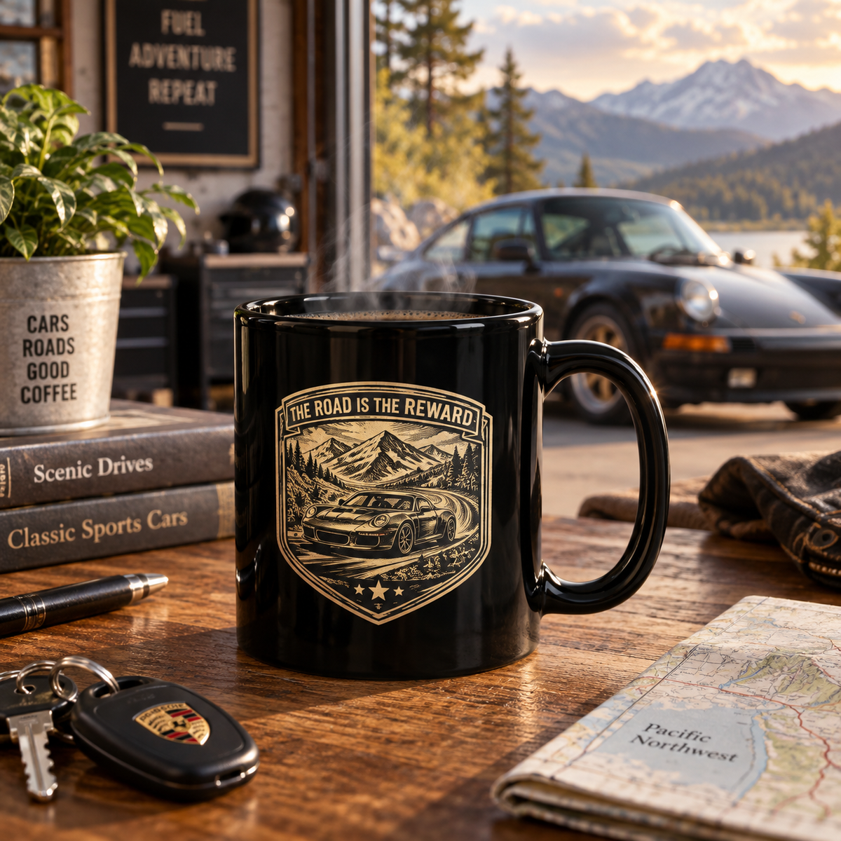 Black “The Road Is the Reward” coffee mug on a wooden desk with car keys and scenic mountain-road styling