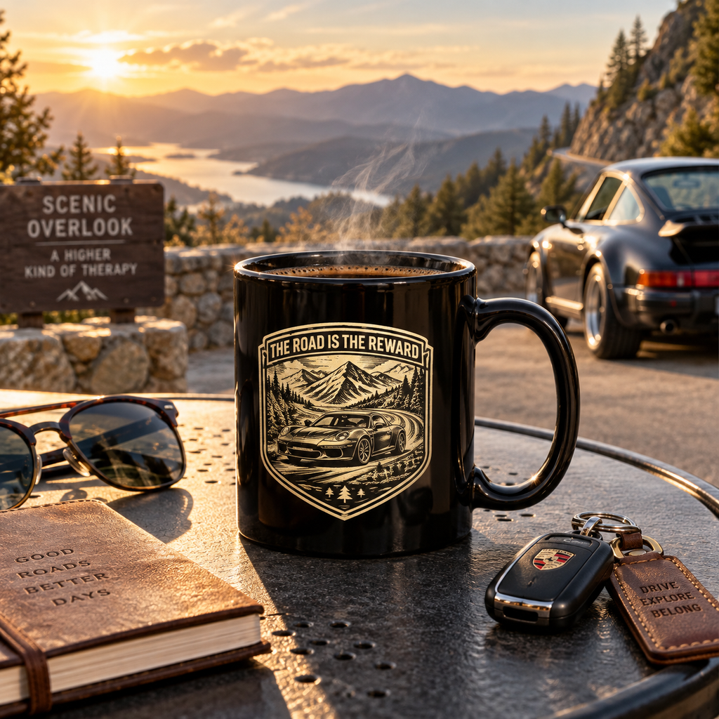 Black sports car coffee mug with “The Road Is the Reward” vintage mountain-road graphicBlack sports car coffee mug with “The Road Is the Reward” vintage mountain-road graphic