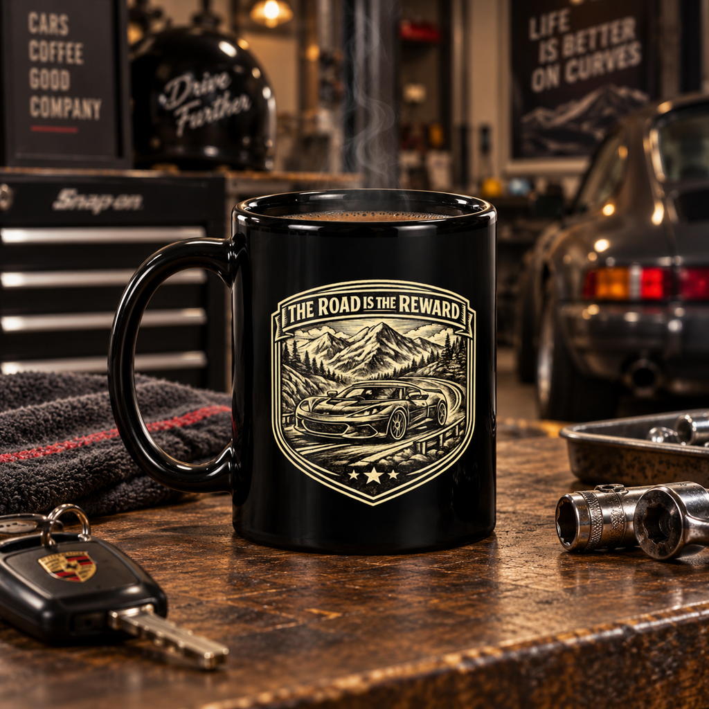 Black driving enthusiast mug on a garage workbench with tools and sports car in the background