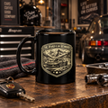 Black driving enthusiast mug on a garage workbench with tools and sports car in the background