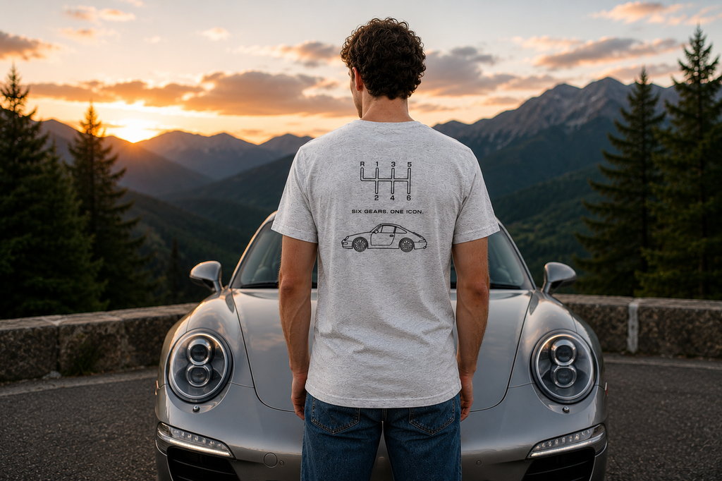 Man wearing light gray Classic 911 Six Gears One Icon back-print T-shirt standing beside a sports car at a scenic overlook
