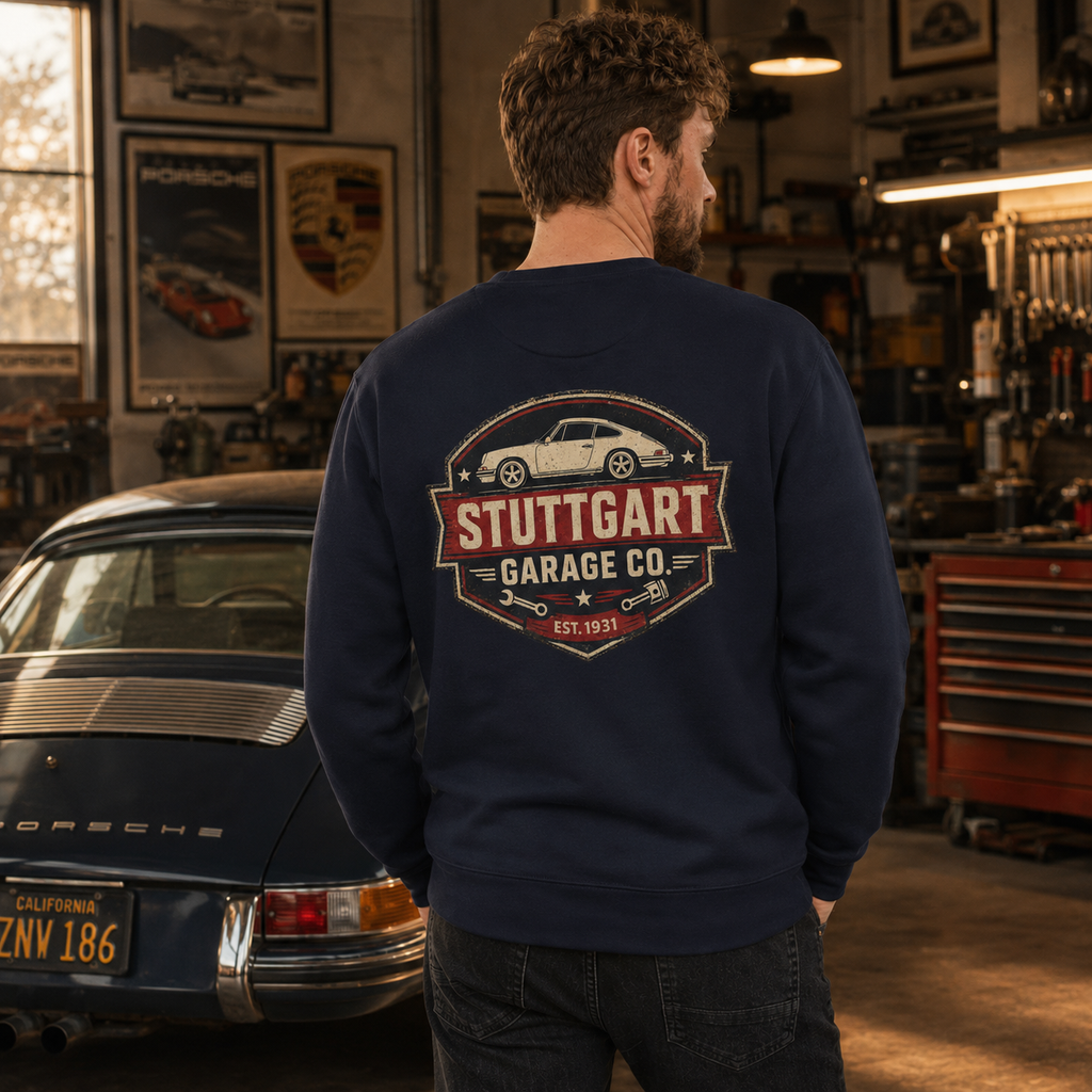 Man wearing navy Stuttgart Garage Co. sweatshirt in a vintage Porsche workshop