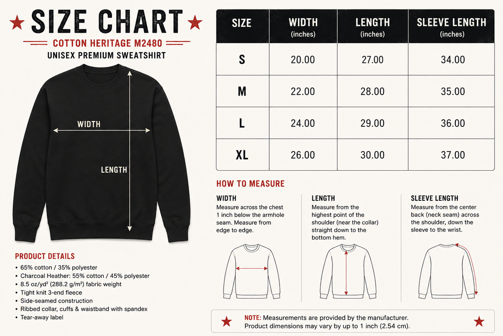 Cotton Heritage M2480 unisex sweatshirt size guide for sizes S through XL