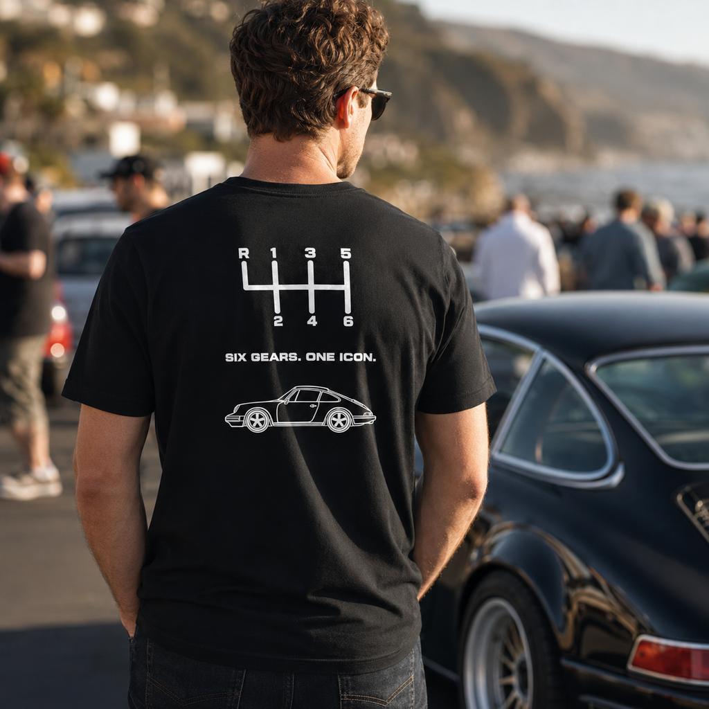 Black Porsche 911 shift pattern T-shirt worn at a classic car meet