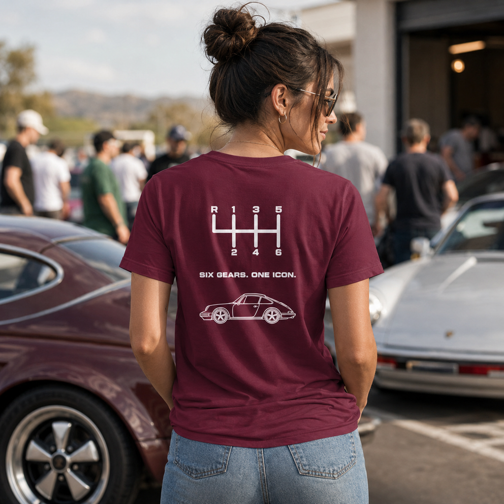 Maroon Porsche 911 manual transmission T-shirt worn at a cars and coffee event