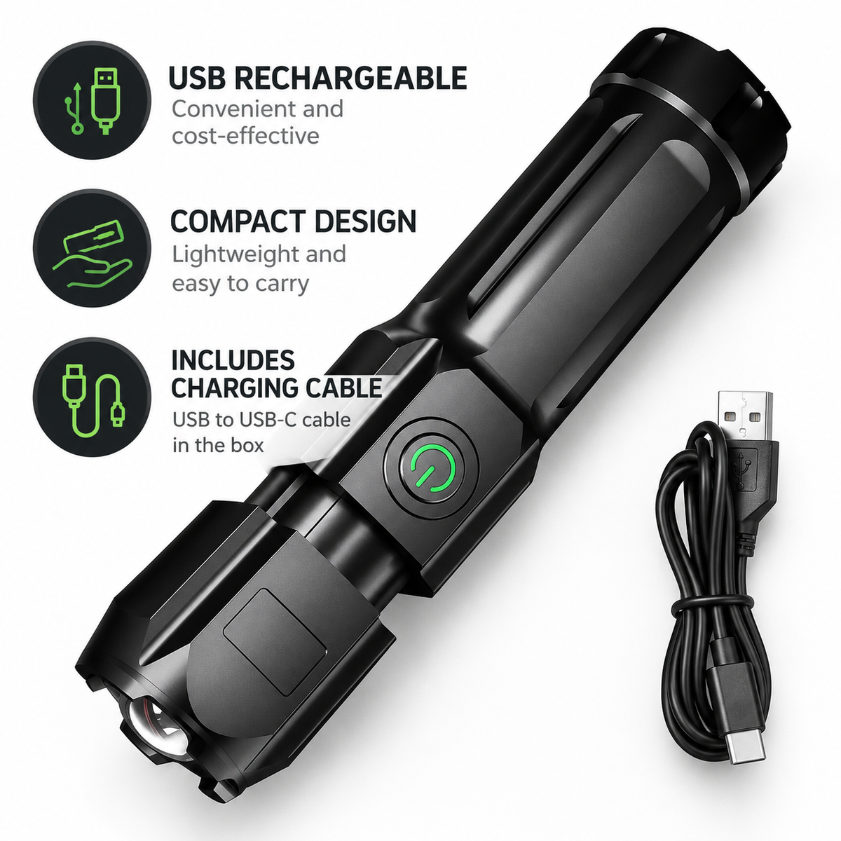 USB rechargeable LED flashlight with charging cable, compact design and rechargeable features