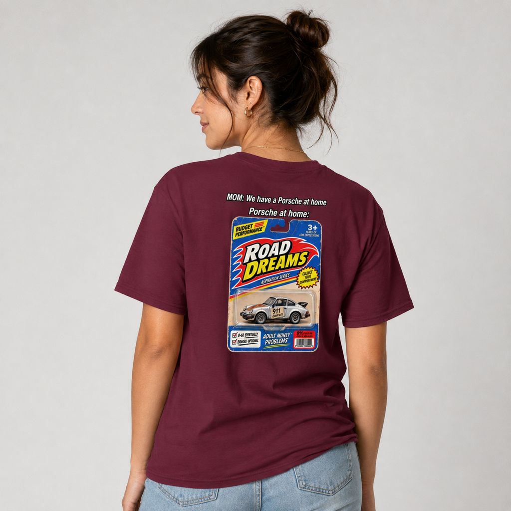 Model wearing burgundy funny Porsche T-shirt with We Have a Porsche at Home back design