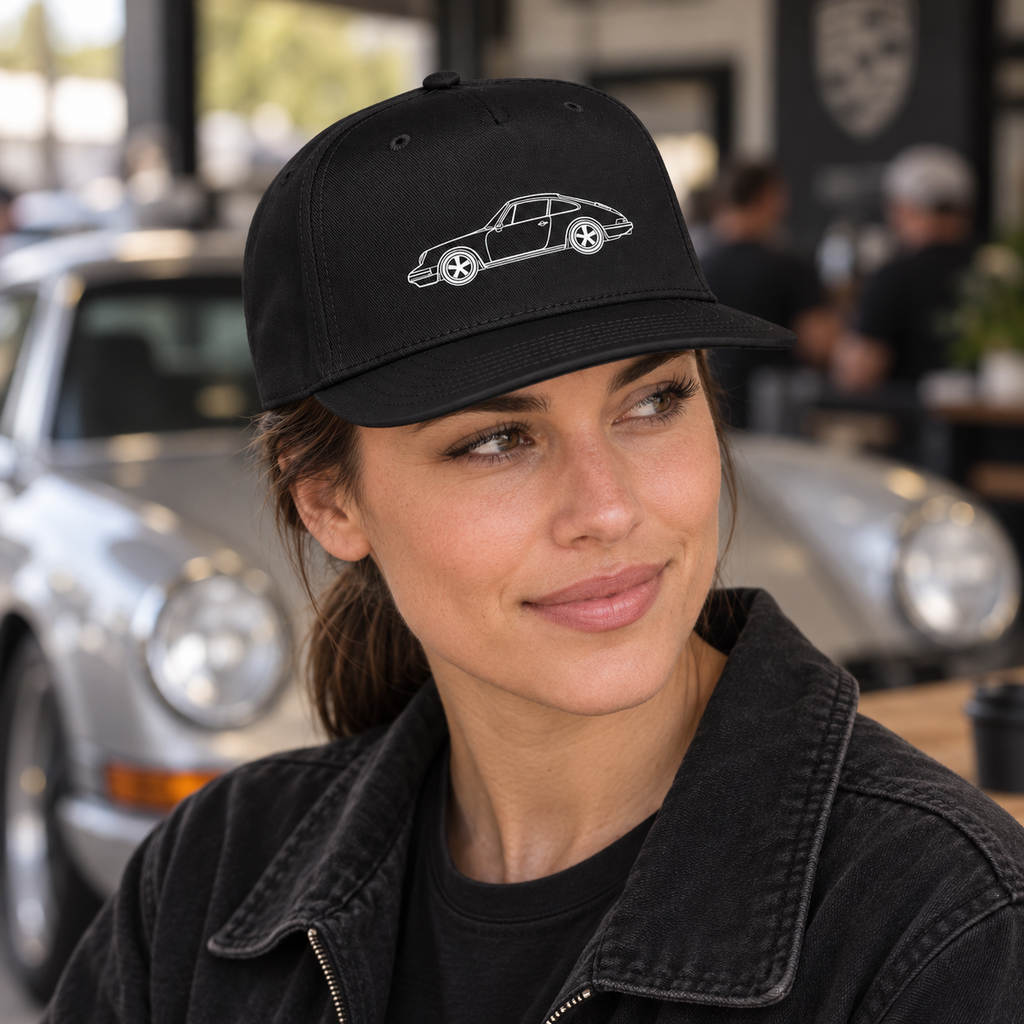 Woman wearing black minimalist 911 car enthusiast hat